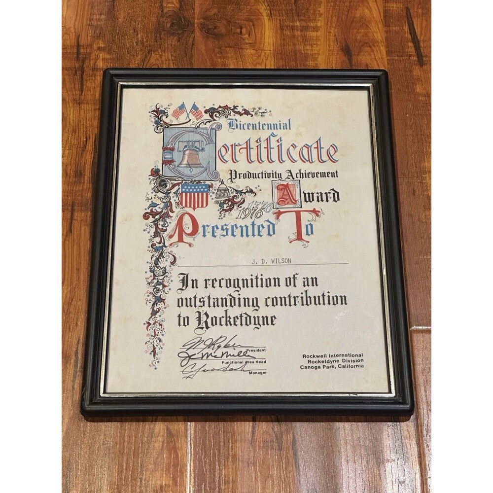 Vintage 1976 Rocketdyne Employee Bicentennial Productivity Award Certificate